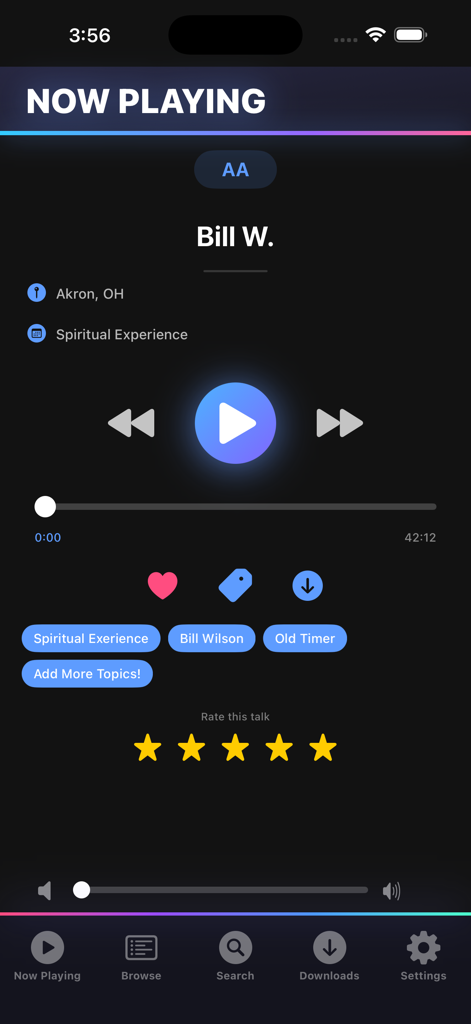 Interface of the 12 Steps Speakers app's now playing screen featuring a recovery talk by Bill W with playback controls and topic tags