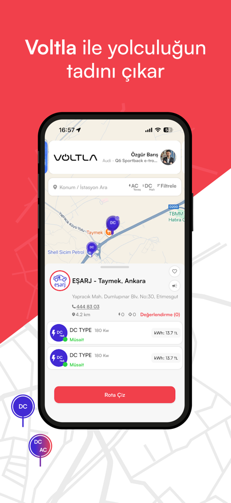 Voltla mobile app interface displaying electric vehicle charging stations and real time availability on a map.