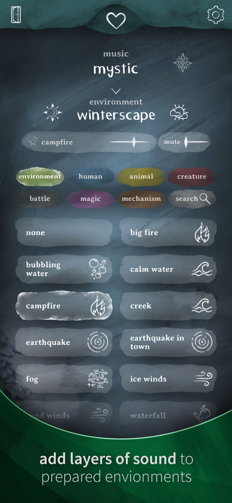 SoundTale app interface for adding sound layers like campfire and ice winds to an RPG winterscape environment