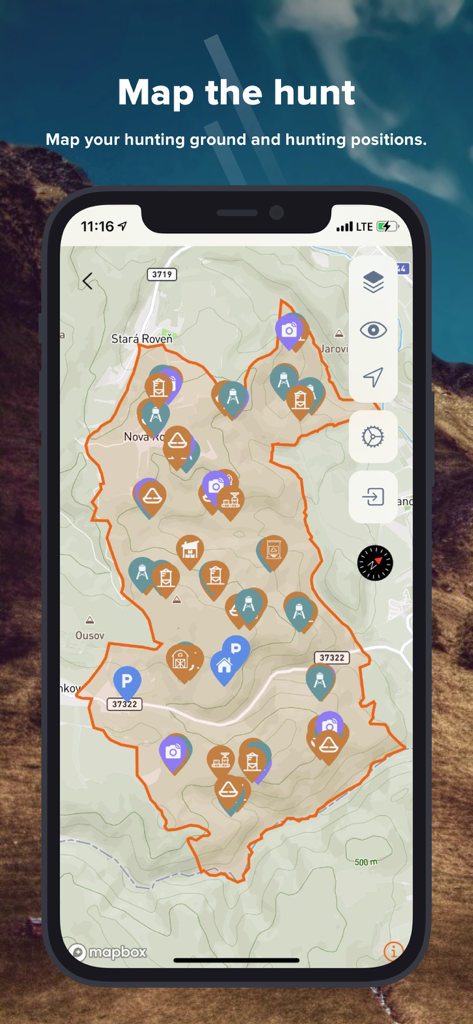 Hunterra: map&book your hunts - A smartphone displaying the Hunterra app interface with a topographic map showing hunting ground boundaries and markers for stands and trail cameras.