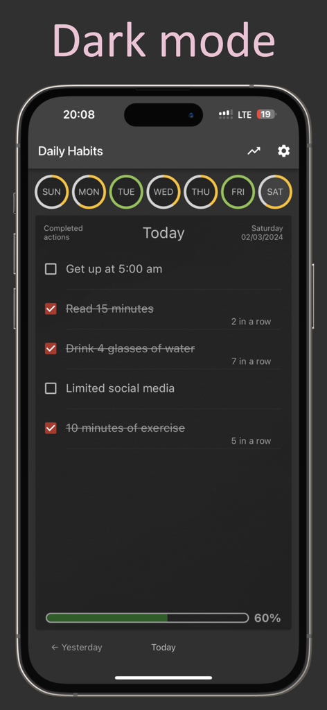 Track daily activity or habits - Interfaz minimalista en modo oscuro de la aplicación rastreadora de hábitos que muestra tareas diarias y progreso