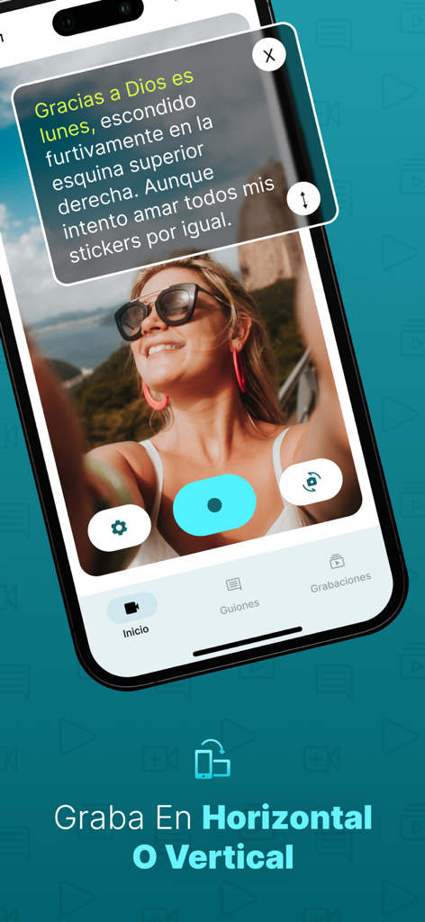 Teleprompter Pro Videos - Pantalla de la aplicación Teleprompter Pro Videos que muestra a una mujer grabando un video con un guion superpuesto