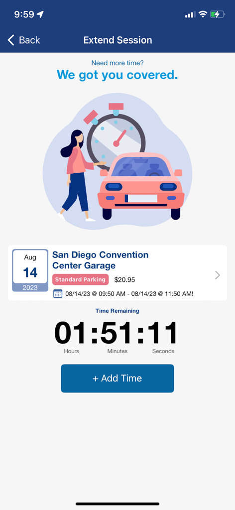 ACE Parking app screen showing a parking session at San Diego Convention Center Garage with an option to add more time and a countdown timer.