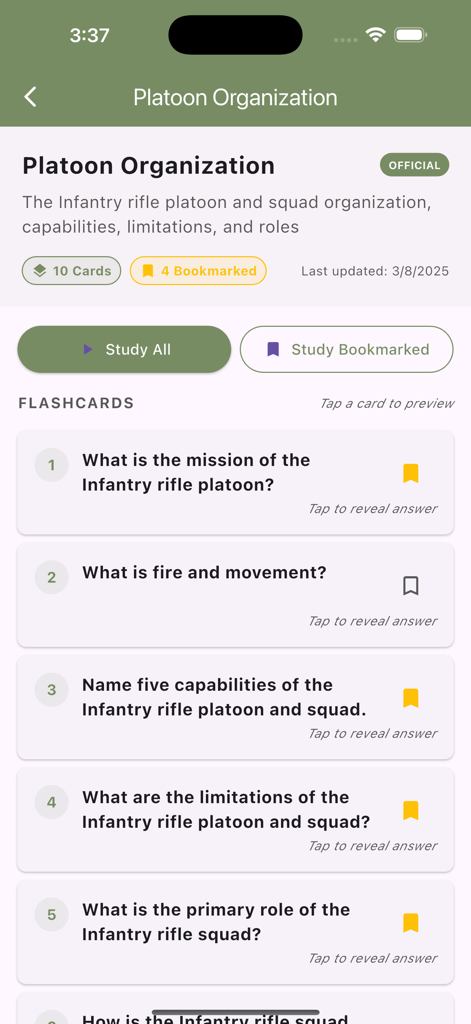 Mobile app screen showing infantry platoon organization flashcards with study options and questions about unit missions and roles.