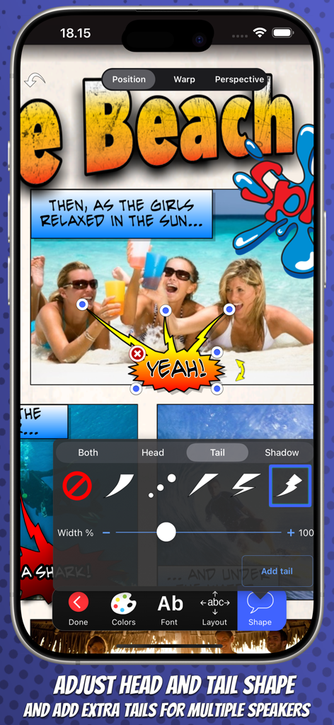 Adjusting speech bubble tail shapes and adding multiple tails in the Strip Designer app