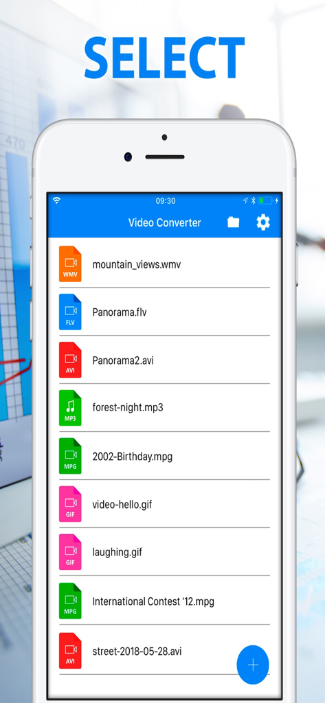 Aplicación móvil Video Converter mostrando una lista de archivos para seleccionar para la conversión