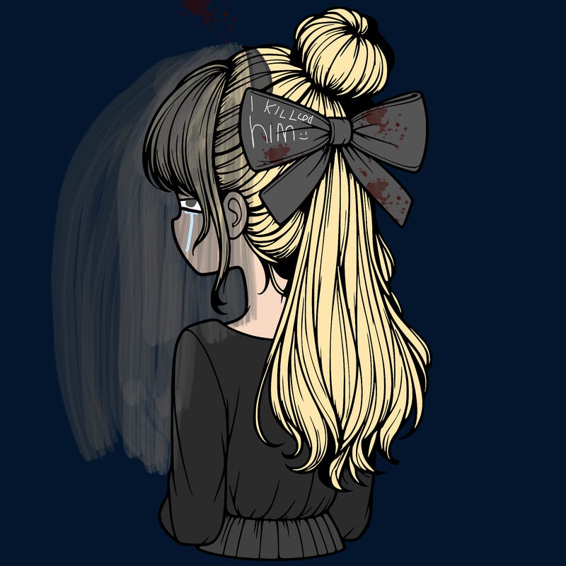realistic girl  with hip length hair a bun and a big bow on the back of head