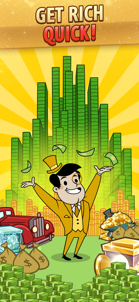 Cartoon businessman in a yellow suit celebrating with stacks of cash and gold coins under the text Get Rich Quick.