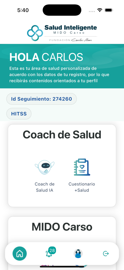 Salud Inteligente MIDO Carso - Panel principal de la aplicación Salud Inteligente MIDO Carso con un entrenador de salud IA y un cuestionario de bienestar para empleados corporativos.