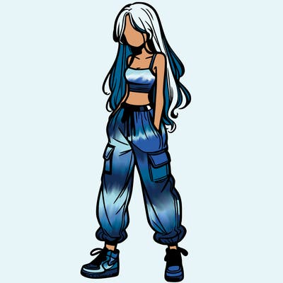 girl in baggy pants crop top and long hair