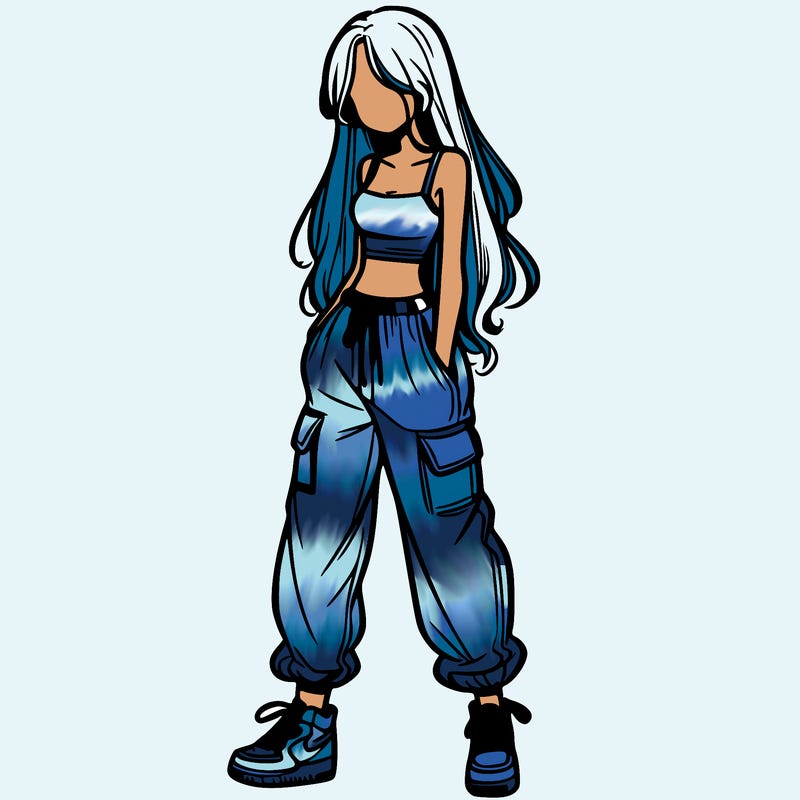 girl in baggy pants crop top and long hair