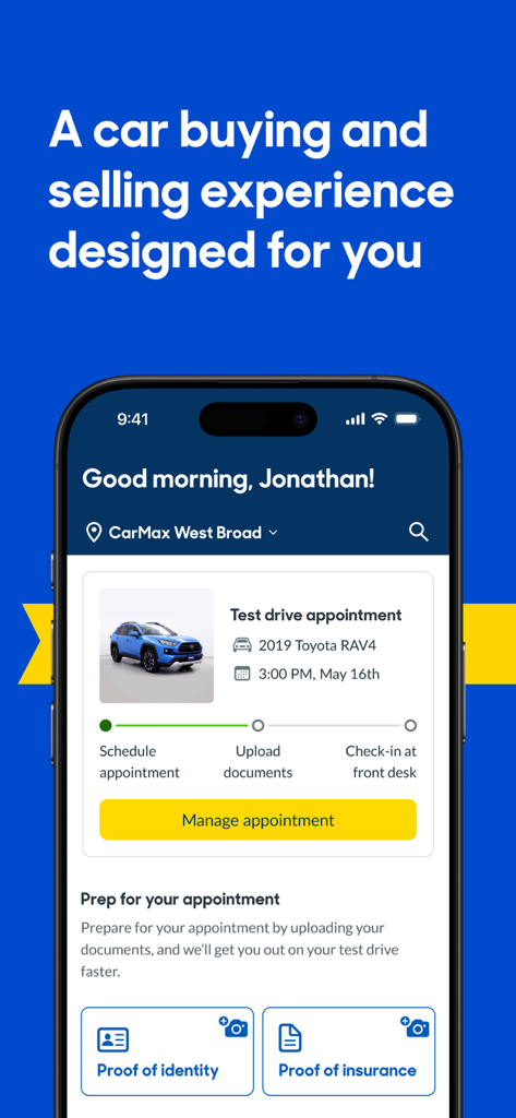CarMax: Used Cars for Sale - CarMax app interface for managing a test drive appointment and uploading proof of identity and insurance documents.