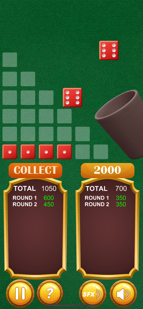10000 Dice game Pro - Gameplay screen of 10000 Dice Game Pro showing red dice and player scores