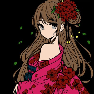 a beautiful anime girl in a cherry blossom kimono