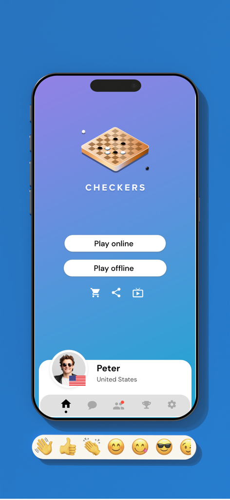 Checkers Online - Dama Game - El menú principal de la aplicación móvil Checkers Online que muestra las opciones de jugar en línea y sin conexión con el perfil del usuario