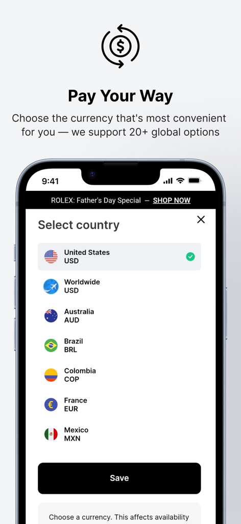 Jomashop - Designer Shopping - Mobile screen showing currency and country selection options in the Jomashop app
