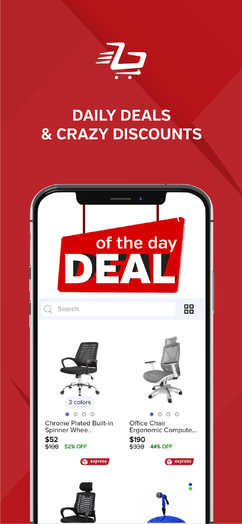 Ishtari mobile app screen showing daily deals and discounts on office chairs