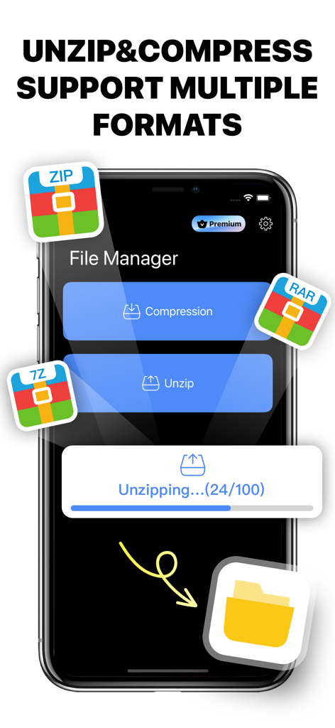 RAR Zip: Unzip File Manager - Pantalla del iPhone mostrando la interfaz de la aplicación RAR Zip con opciones para comprimir y descomprimir archivos de múltiples formatos
