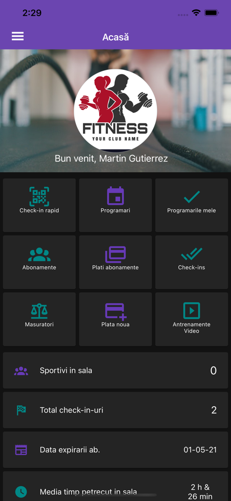 La pantalla de inicio de la aplicación de gestión de gimnasios GMA que muestra el panel de usuario y las funciones de fitness