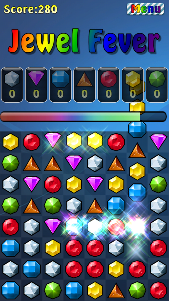 Jewel Fever - Gameplay of Jewel Fever showing a grid of colorful gems and a scoreboard