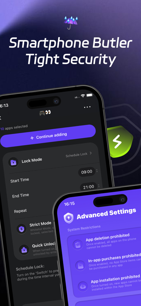 AppLock: Hide & Secure Apps - Interface do AppLock destacando o bloqueio por agenda e restrições avançadas do sistema.