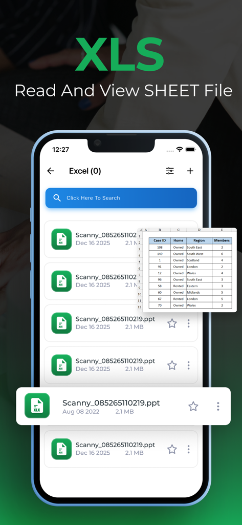 Smartphone interface for reading Excel and XLS spreadsheet documents