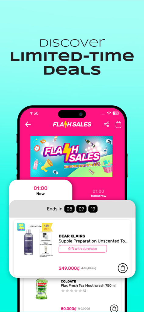 Watsons 베트남 모바일 앱 화면에는 카운트다운 타이머와 함께 뷰티 제품의 깜짝 세일 및 한정 기간 딜이 표시됩니다.