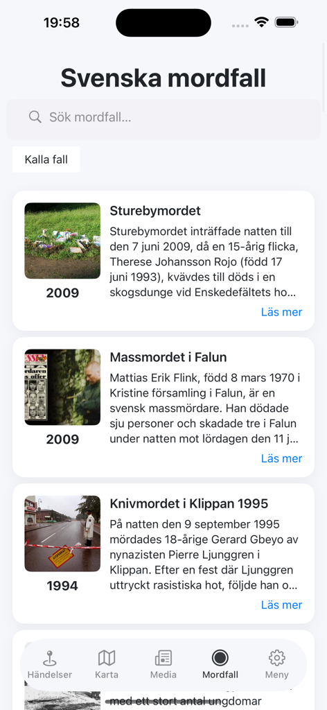 Blåljus  – True Crime Podcasts - A mobile app interface showing a list of Swedish murder cases with photos, years, and descriptions under the Mordfall section.