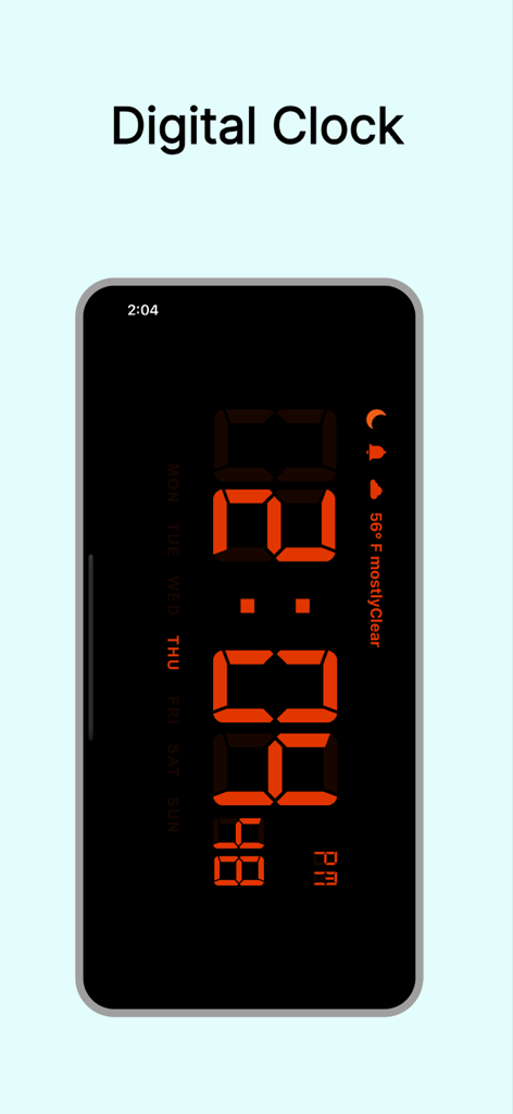 Grande orologio digitale arancione che mostra l'ora e le previsioni del tempo su uno sfondo scuro