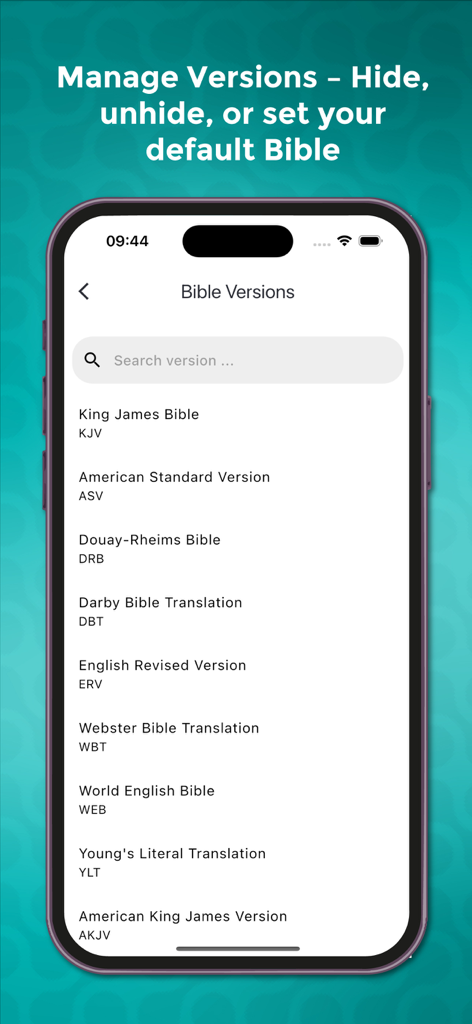 BiblicalAi - Bible App with Ai - A list of available Bible versions in the BiblicalAi app including KJV and ASV