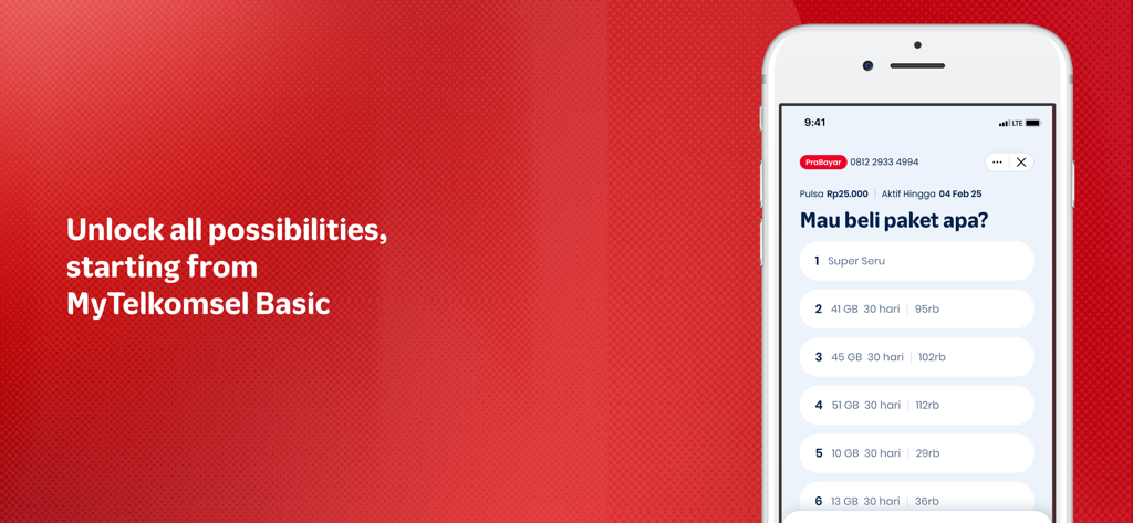 MyTelkomsel Basic - La aplicación MyTelkomsel Básico mostrando opciones de paquetes de datos móviles en la pantalla de un smartphone sobre un fondo rojo.