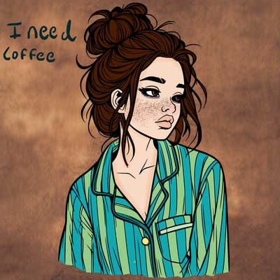 realistic woman with pajamas on and a messy bun