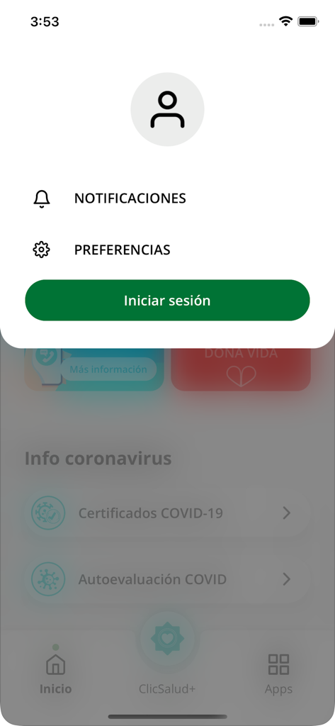 Salud Andalucía - Salud Andalucia app login screen showing options for notifications preferences and sign in button