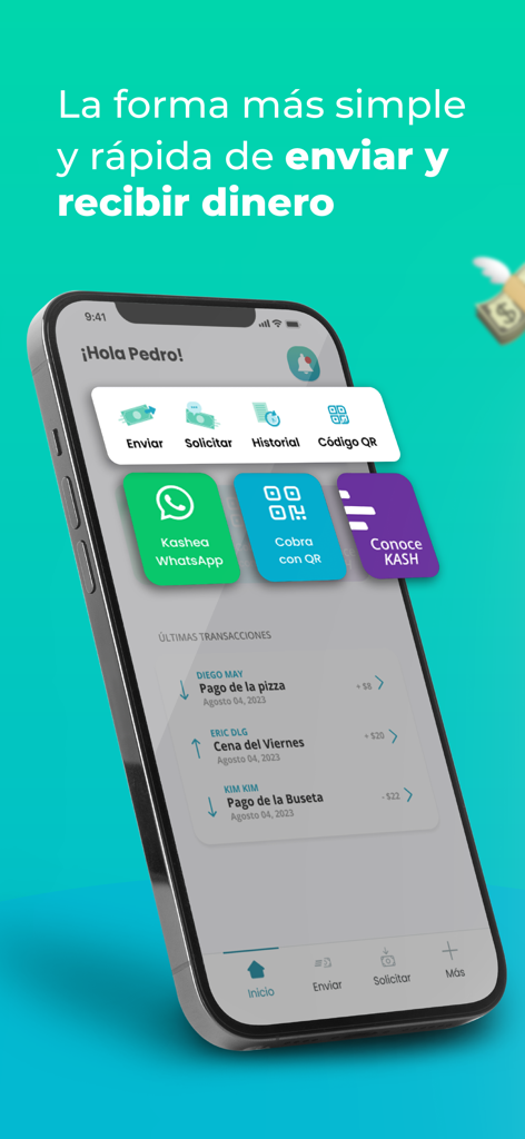 The Kash mobile app dashboard showing options to send money request funds and view recent transactions