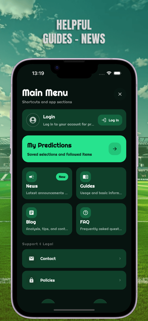 BETTIPS app main menu displaying shortcuts to predictions news guides and blog