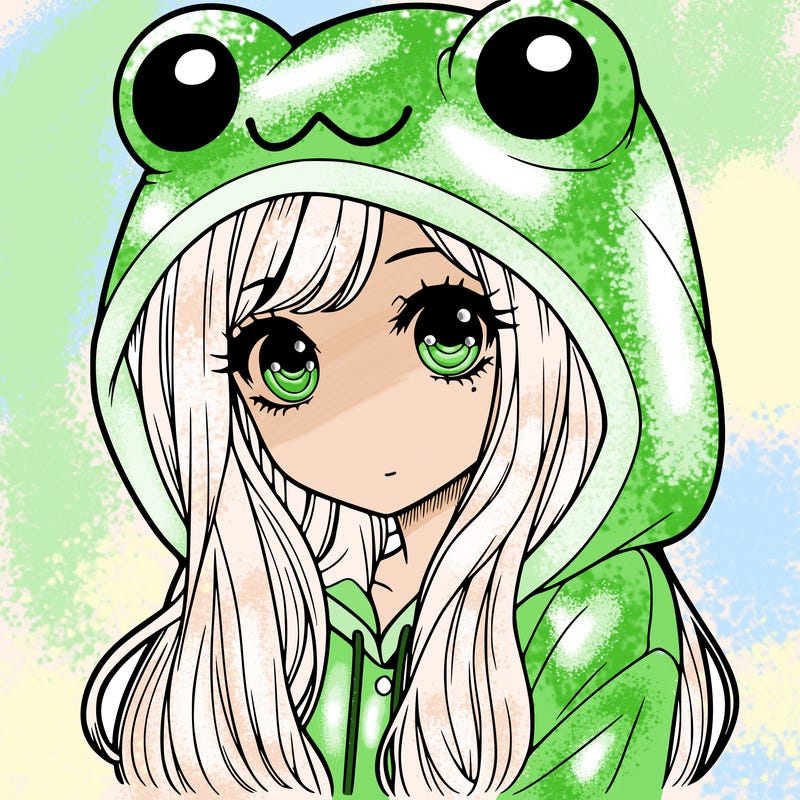 a pretty girl wearing a frog hoodie portrait with long hair