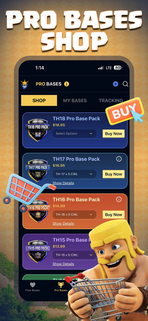 Interface do aplicativo Clash Champs exibindo a Loja de Bases Profissionais com pacotes de layout profissionais para diferentes níveis de Centro de Vila