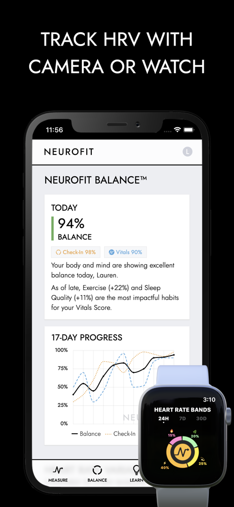 Vagus Nerve Reset: NEUROFIT™ - Panel de NEUROFIT en iPhone y Apple Watch que muestra datos de VFC y puntuación de equilibrio del sistema nervioso