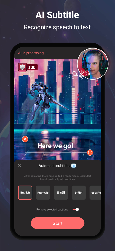 Screen Recorder，Video Recorder - App mobile V Recorder che mostra sottotitoli automatici AI e registrazione di gioco con face cam