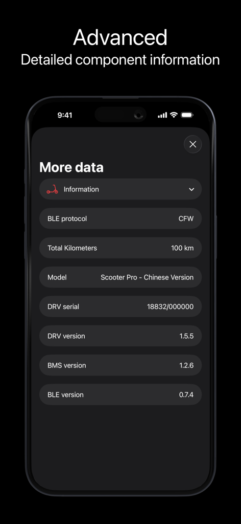 Écran de l'application Scooter Tools montrant les informations techniques du scooter et les versions du micrologiciel