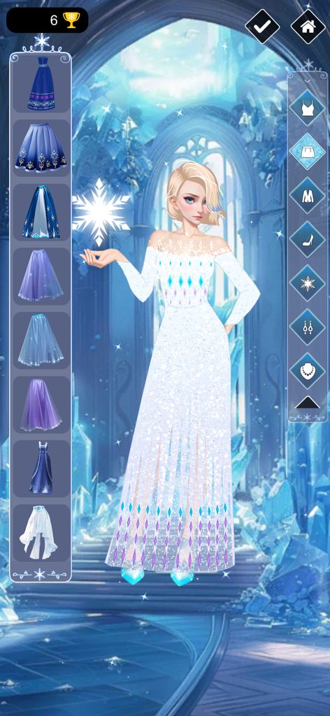 Ice & Fire Princess Dress Up - An ice princess in a sparkling white dress holding a snowflake in a dress up game interface.