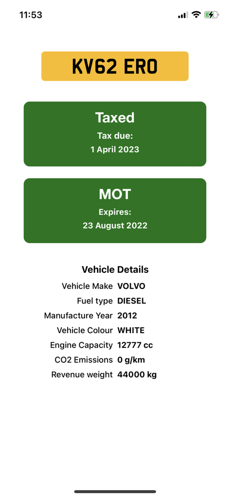 UK vehicle MOT and tax status summary screen showing a white Volvo