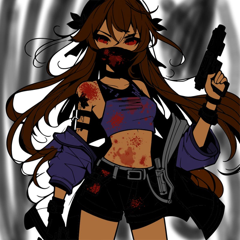 bad girl wearing crop top holding a gun long hair anime