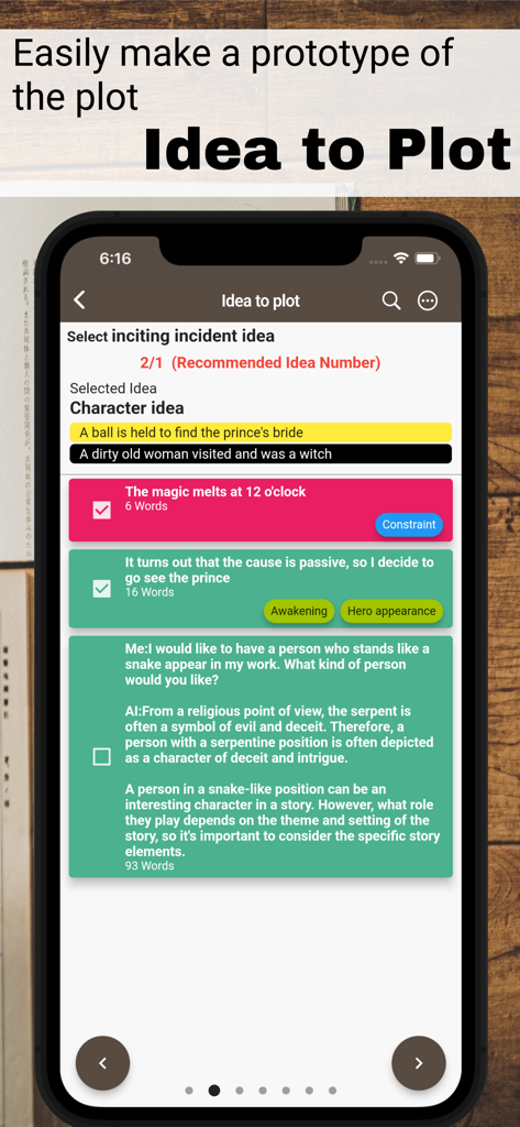 Mobile app interface for Story Plotter showing a list of creative story ideas and inciting incidents for building a plot