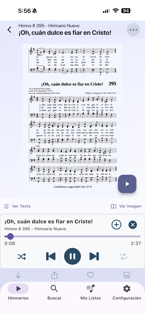 Himnario Adventista Completo - Mobile app interface showing sheet music and audio playback controls for a Seventh day Adventist hymn.