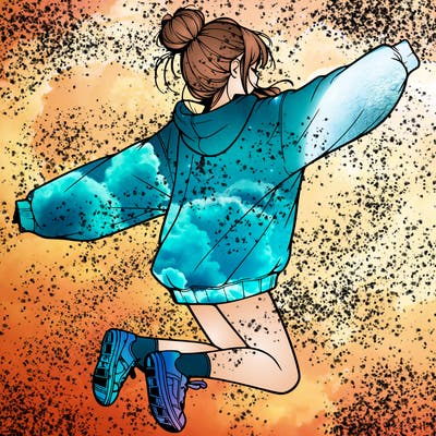 realistic girl jumping with a bun and oversized sweatshirt