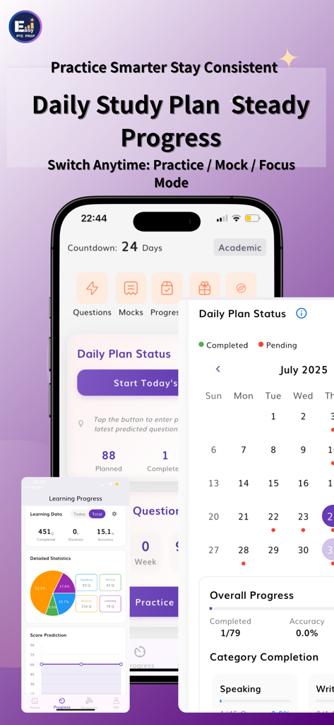 EasyPTE app dashboard showing daily study plan calendar and learning progress charts