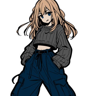 anime teen girl with baggy pants and crop top with sweater