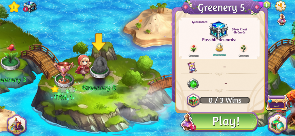 Level selection screen in Merge Magic Princess showing the Greenery 5 stage and rewards