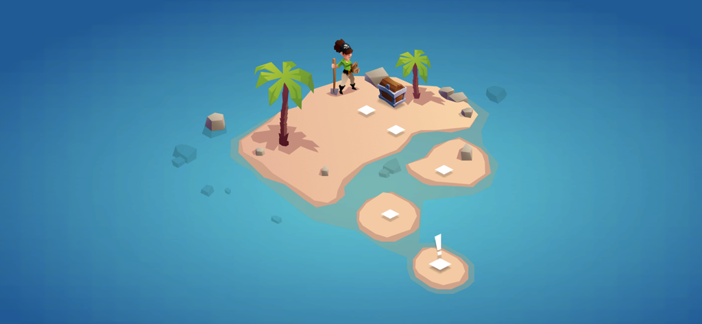 Un personnage low poly explorant une île déserte avec des palmiers et un coffre au trésor dans le jeu éducatif Archipel